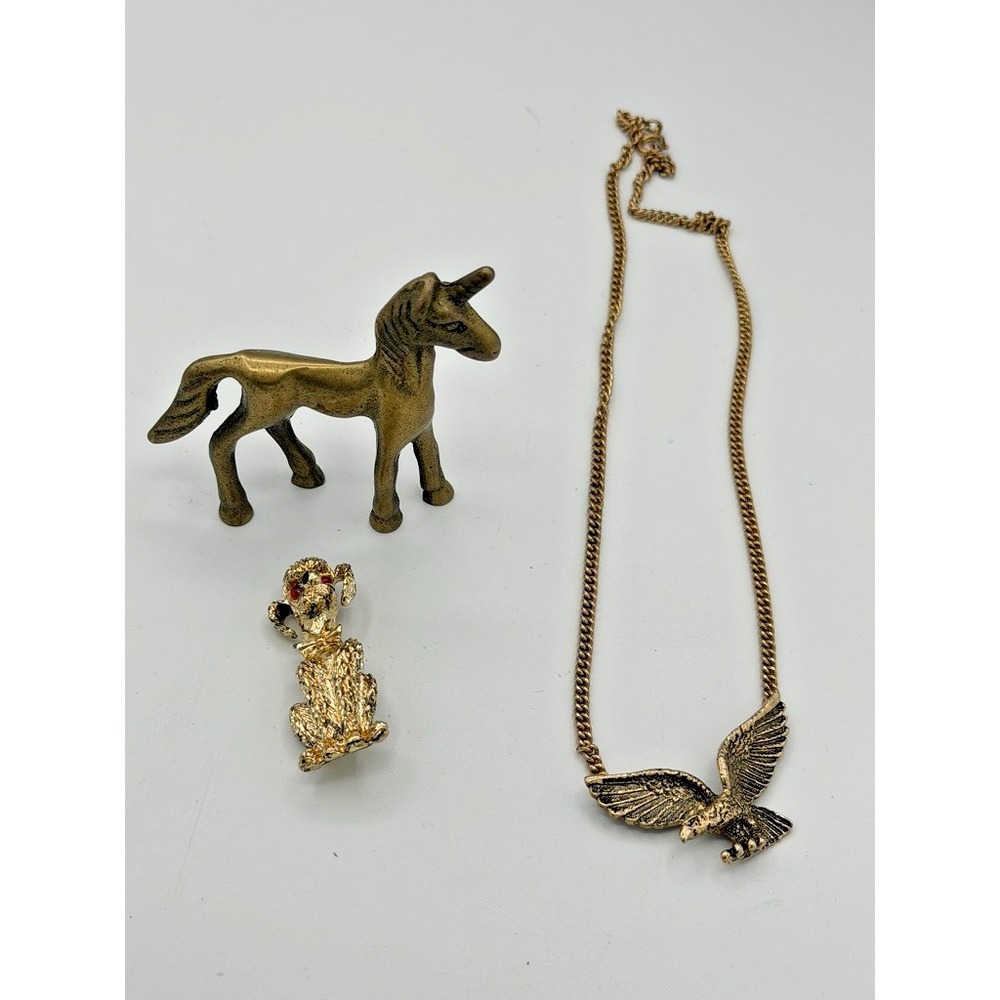 Vintage Animal Lot Avon Eagle Necklace Poodle Brooch Brass Unicorn Figurine